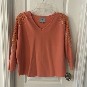 Liv Milano sweater.  Crocheted shoulders with embellishments. Peach colored